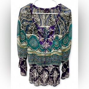 Hale Bob Semi Sheer Silk Metallic Boho Patterned Patchwork Blouse XS Tie Neck